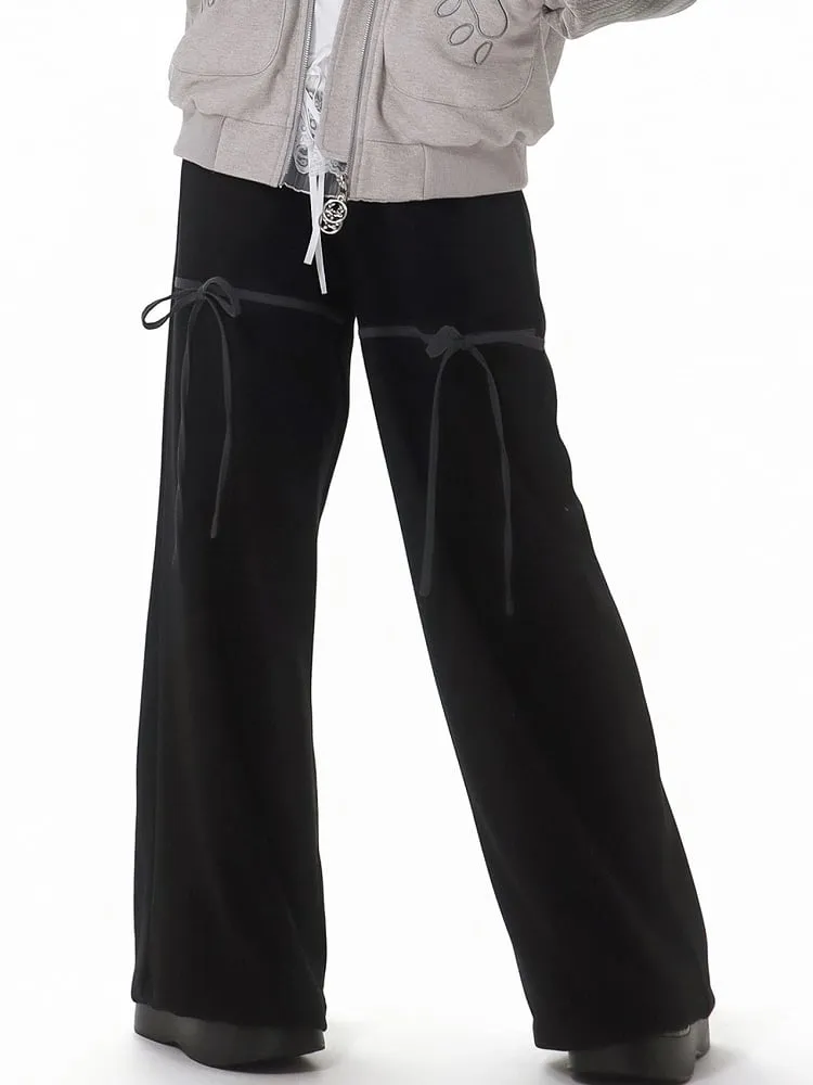 Black Bowknot Wide-Leg Pull-on Pants