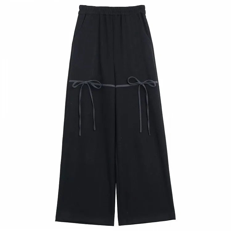 Black Bowknot Wide-Leg Pull-on Pants