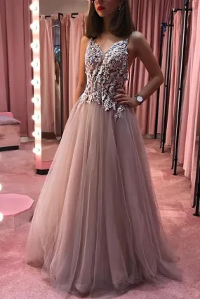 Chic Appliques Beading See Through Bodice Sleeveless Straps Long Prom Gown