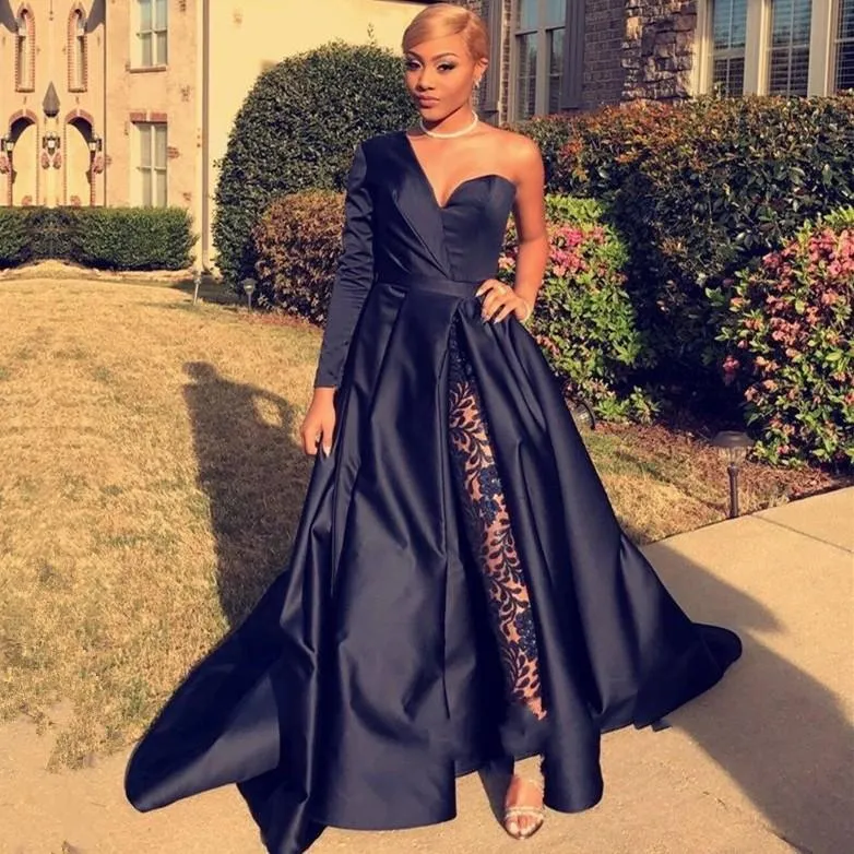 Chic Asymmetric One Shoulder Satin Floor Length Party Dress With Lace Trousers