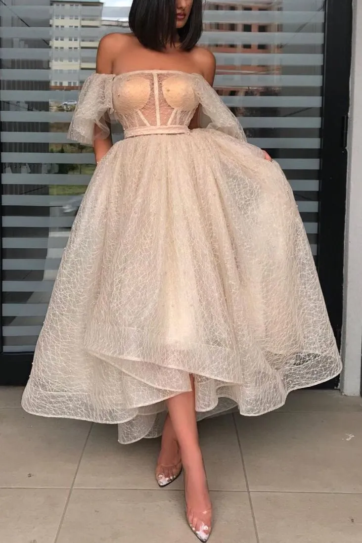 Chic Off-the-Shoulder Sequins Lace Short Prom Dress
