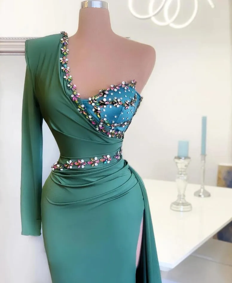 Chic One Shoulder Mermaid Evening Gown Green Party Dress