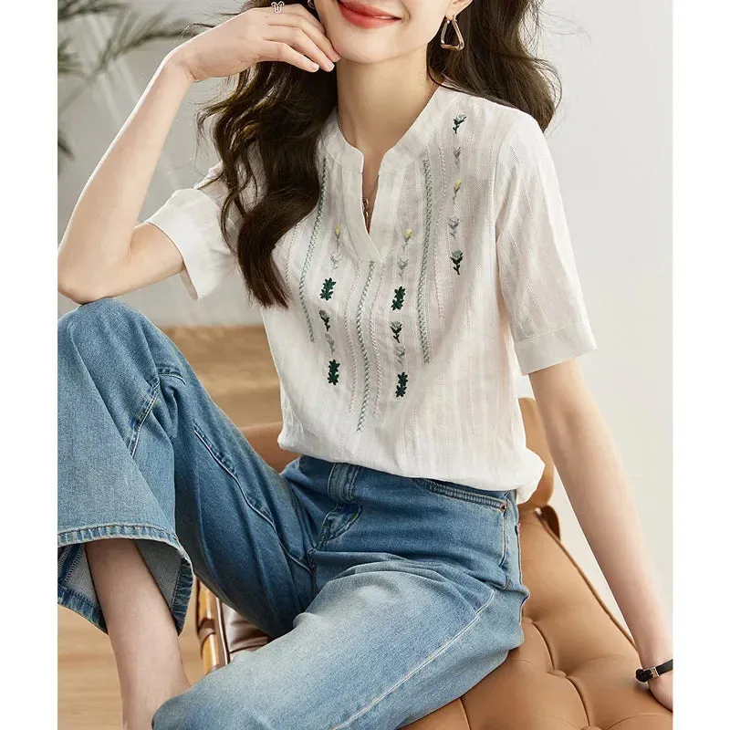 Clementine - Chic Embroidered Short Sleeve Shirt for Women