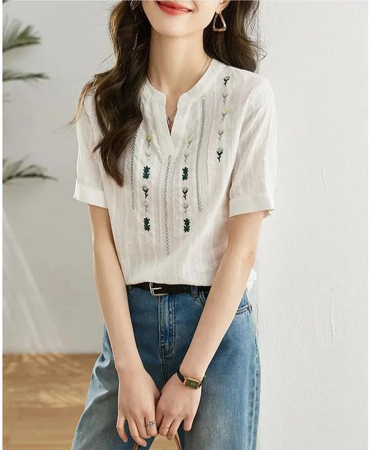 Clementine - Chic Embroidered Short Sleeve Shirt for Women