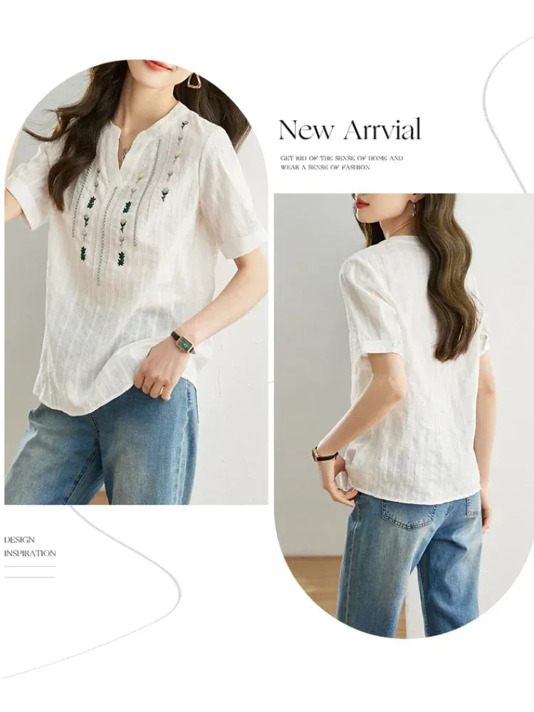 Clementine - Chic Embroidered Short Sleeve Shirt for Women