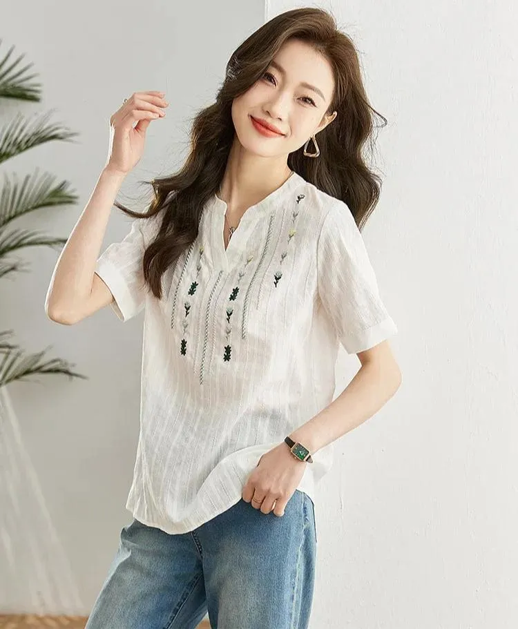 Clementine - Chic Embroidered Short Sleeve Shirt for Women