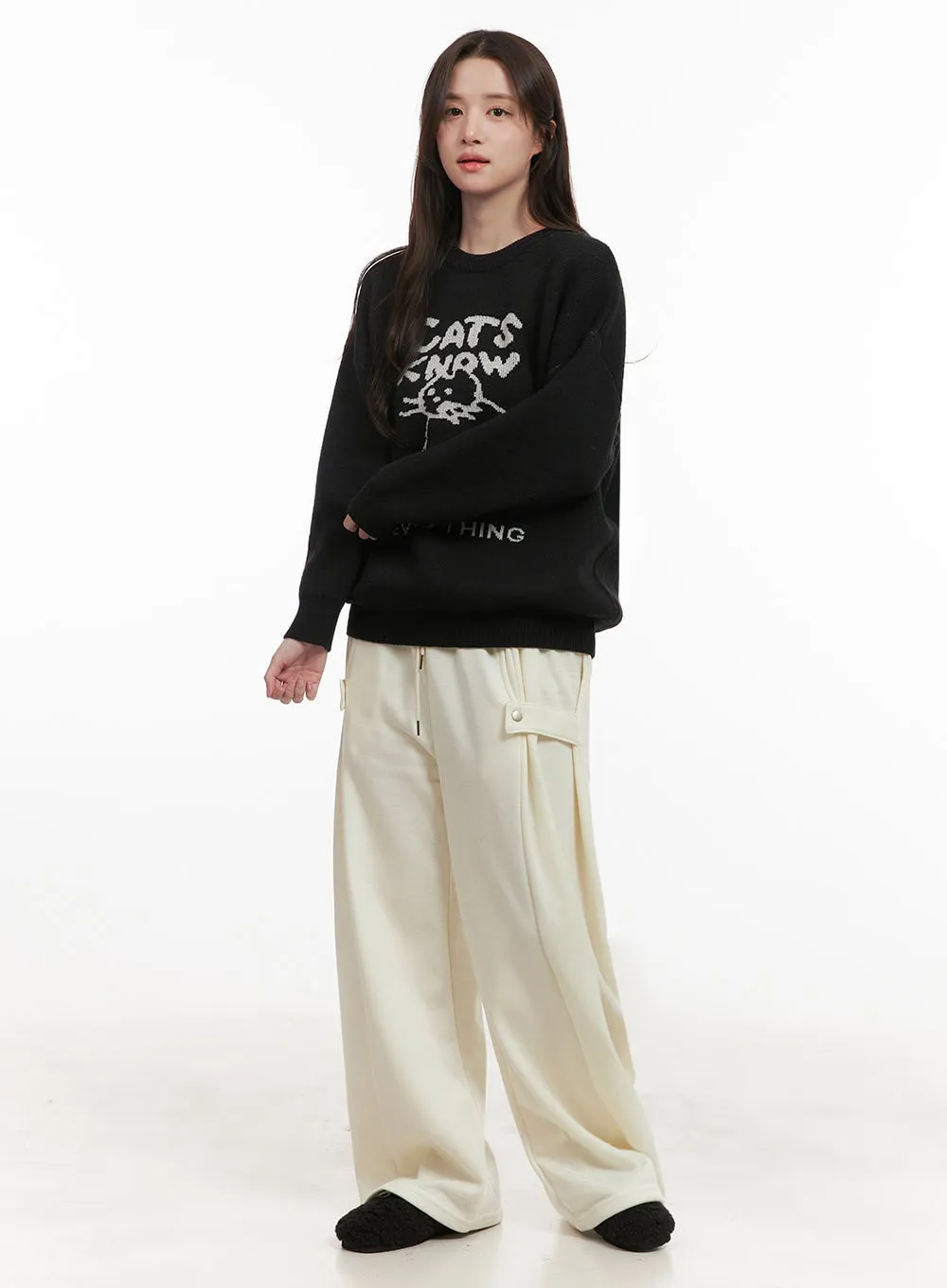 Cozy Pintuck Buttoned Wide-Leg Sweatpants IJ510