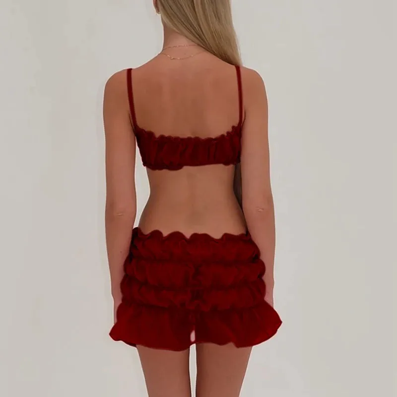 Flytonn-Women Y2K Vintage Frills Spaghetti Strap Cami Crop Tops   Ruched Mini Pencil Skirt Fairycore 2 Piece Skirts Outfits Streetwear