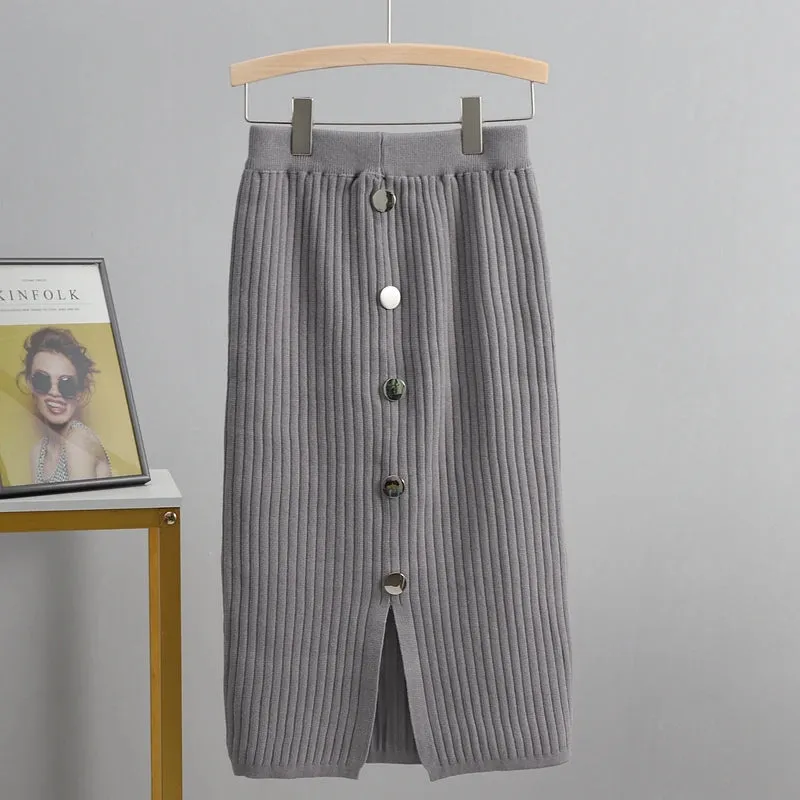 GIGOGOU Women Knitted Skirt Spring Autun Button Sexy Slim Bodycon Skirts Elastic High Waist Pencil Skirt Ribbed Long MIDI Skirt
