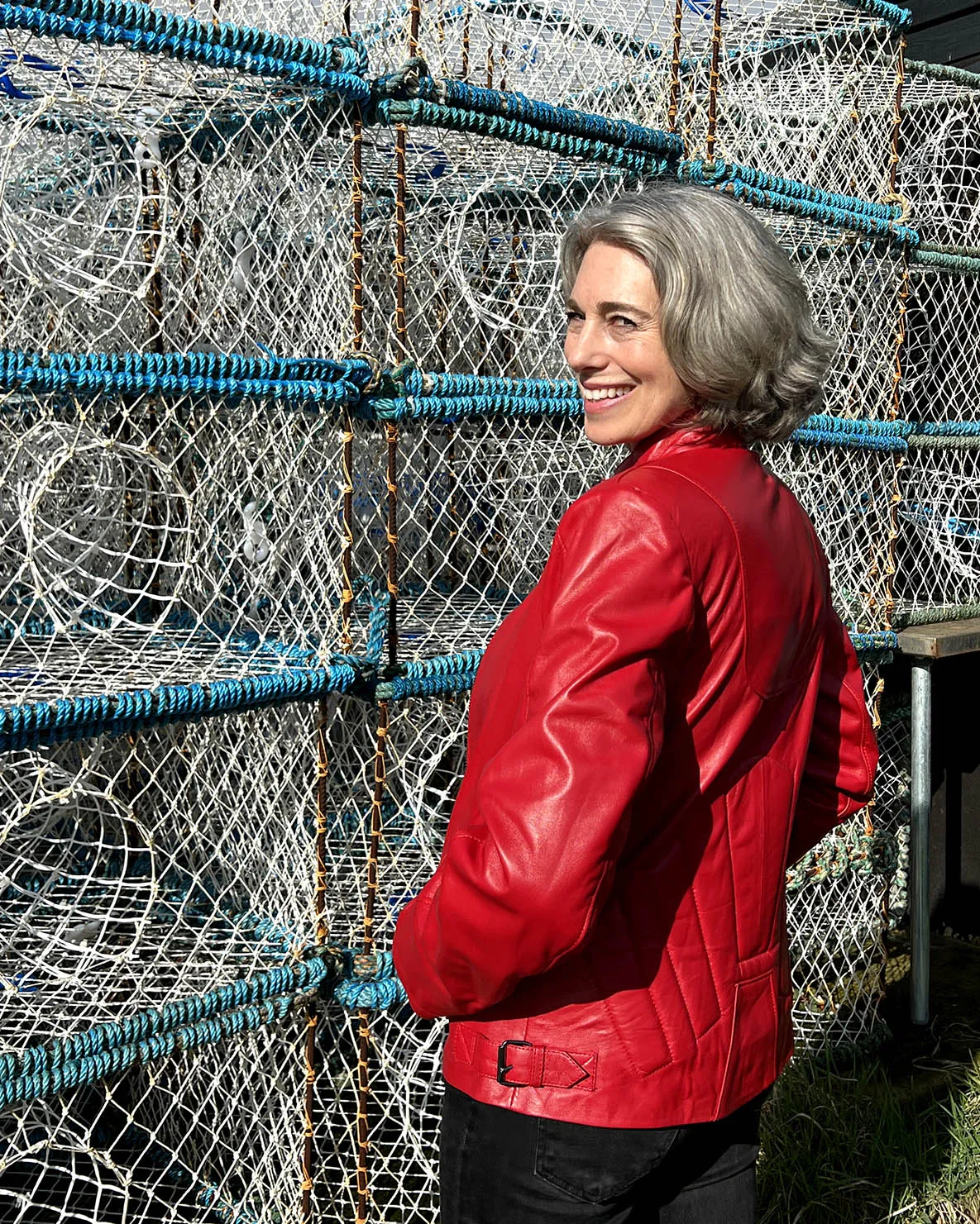 JENKA Ladies' Leather Biker Jacket / Cherry Red