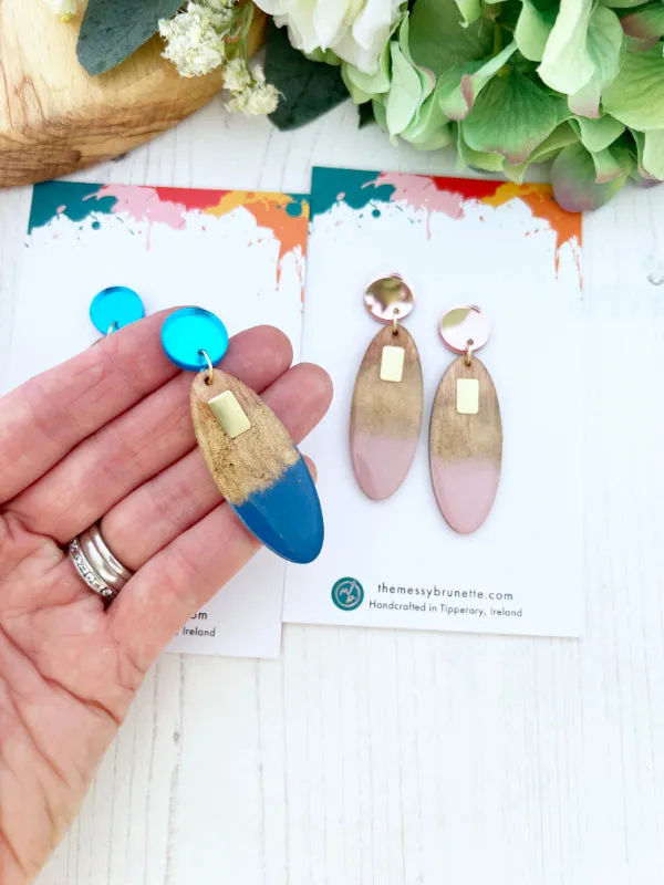 Long Oval Candy Drop Earrings in Blue   Dusty Pink
