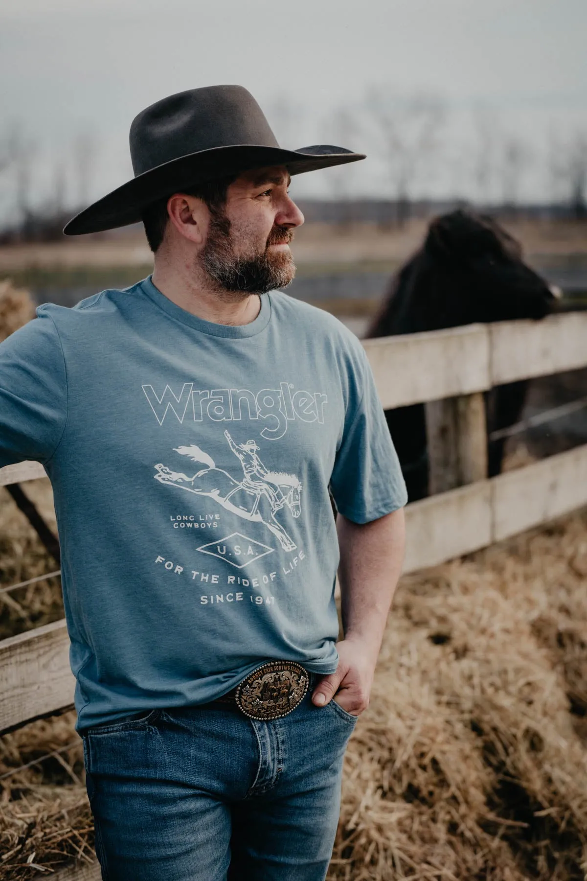 Men's Blue Cowboy Ride Wrangler T-shirt (1 - XXL)