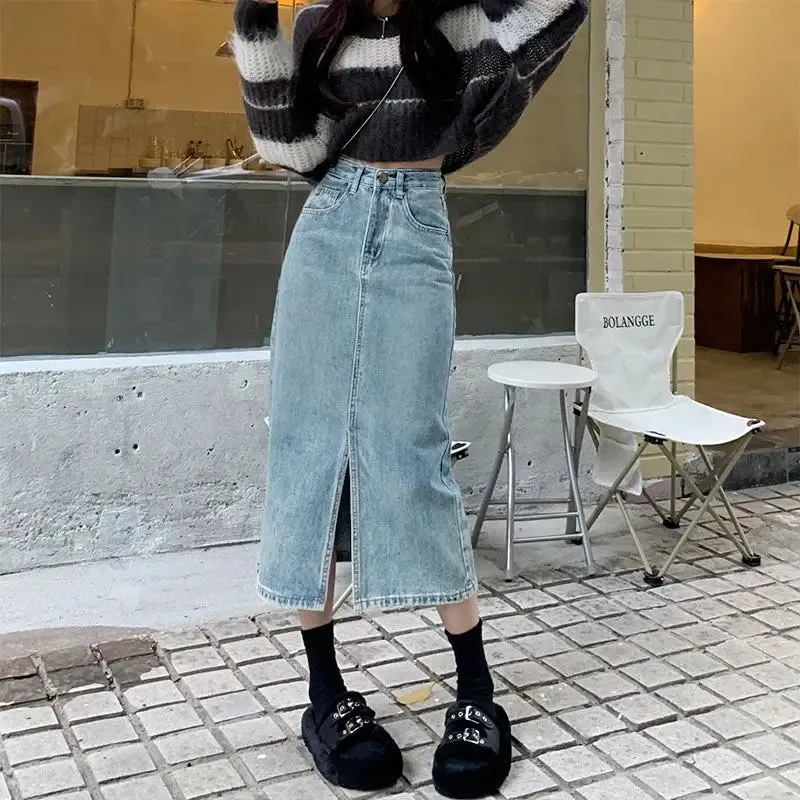 Spring Women Mid Length Vintage Denim Skirt High Wasit Skirt Straight Front Zipper Slit Solid Color Buttons A-line Pencil Skirts