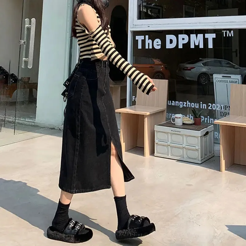 Spring Women Mid Length Vintage Denim Skirt High Wasit Skirt Straight Front Zipper Slit Solid Color Buttons A-line Pencil Skirts