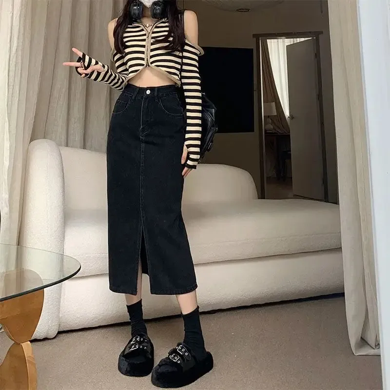 Spring Women Mid Length Vintage Denim Skirt High Wasit Skirt Straight Front Zipper Slit Solid Color Buttons A-line Pencil Skirts