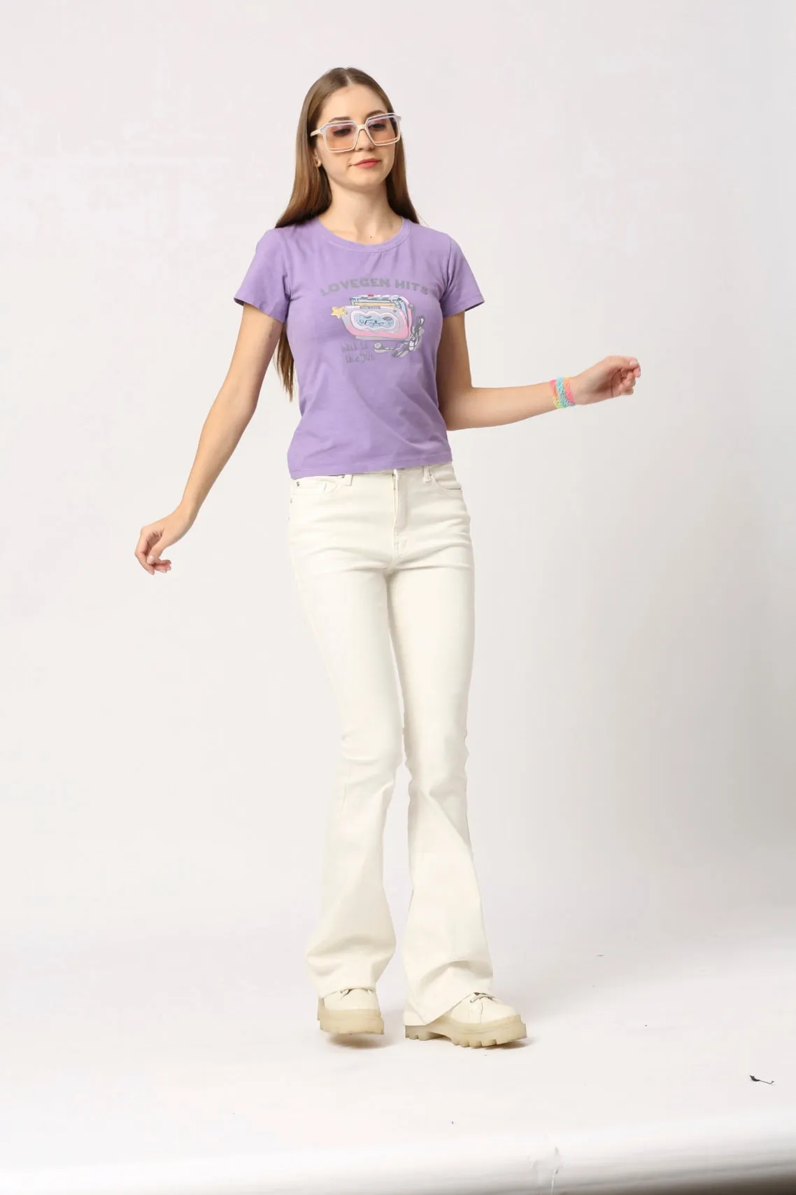 Women Purple Ella Round Neck Short Sleeve Printed T-Shirt