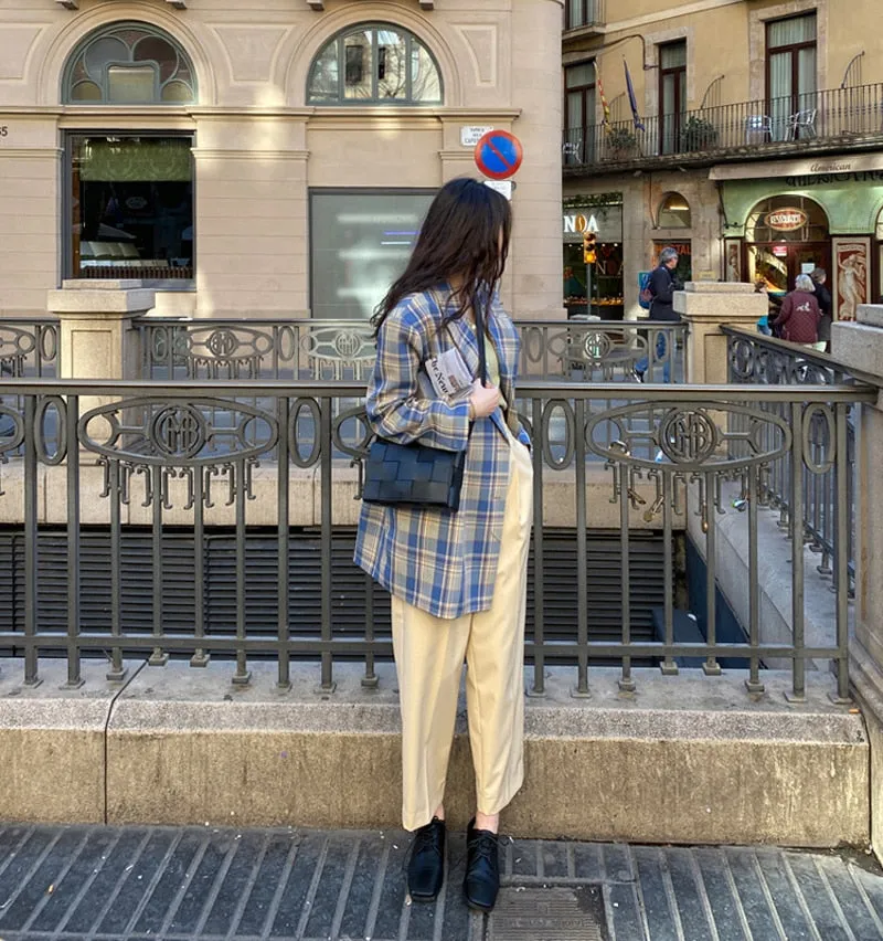 Women Vintage Loose Plaid Blazer Chic Long Sleeve Suit Jackets