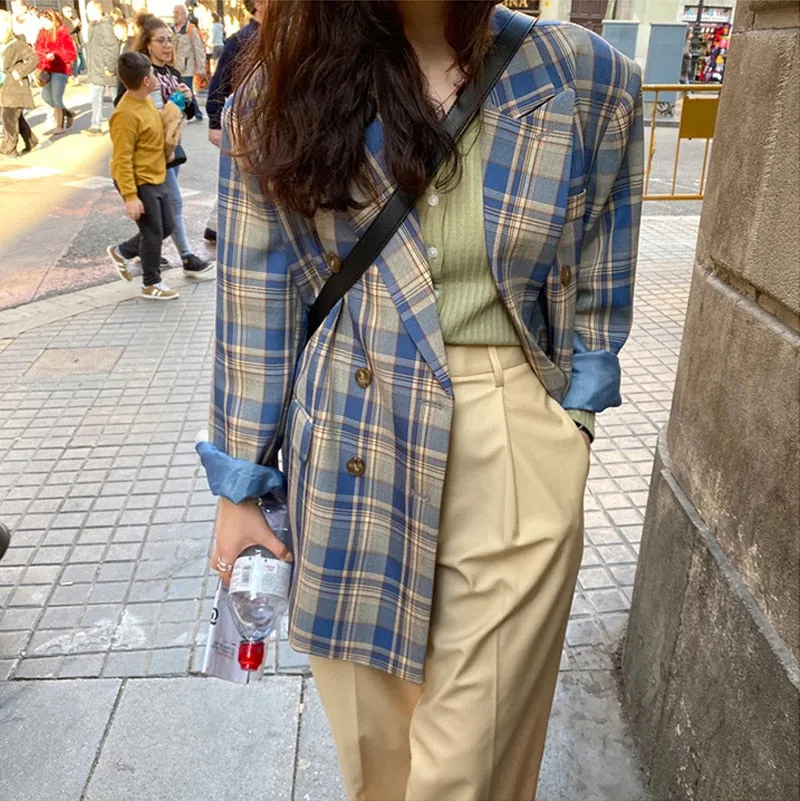 Women Vintage Loose Plaid Blazer Chic Long Sleeve Suit Jackets