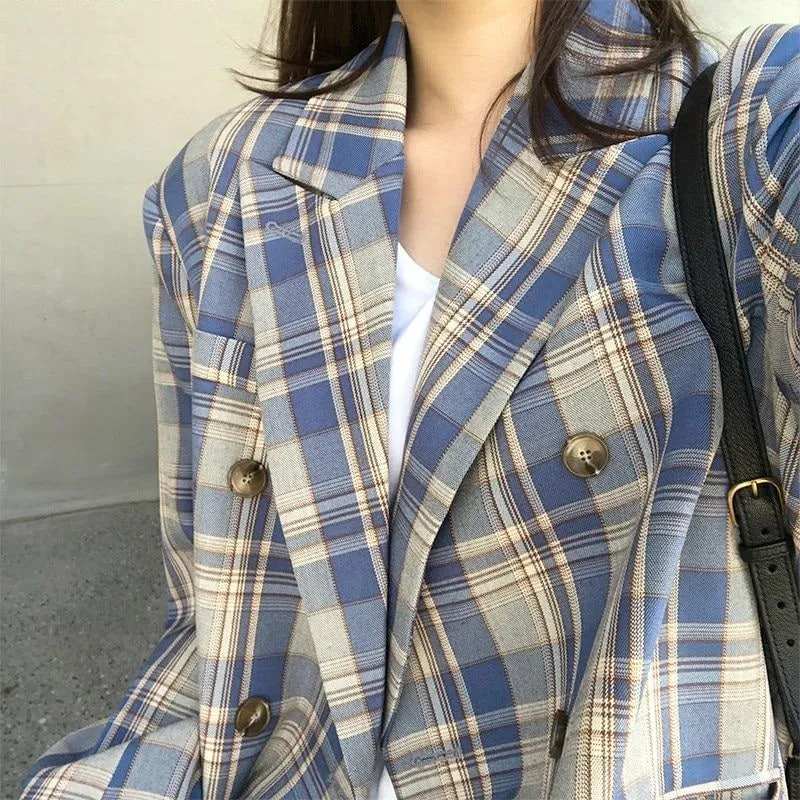 Women Vintage Loose Plaid Blazer Chic Long Sleeve Suit Jackets
