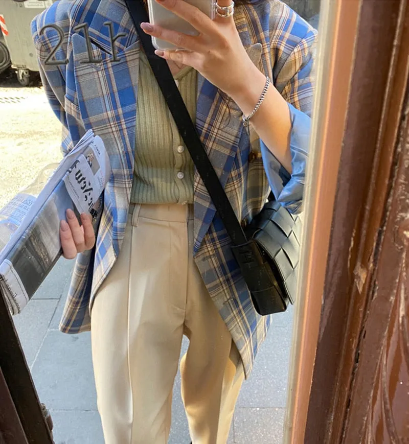 Women Vintage Loose Plaid Blazer Chic Long Sleeve Suit Jackets
