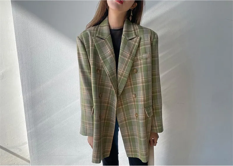 Women Vintage Loose Plaid Blazer Chic Long Sleeve Suit Jackets