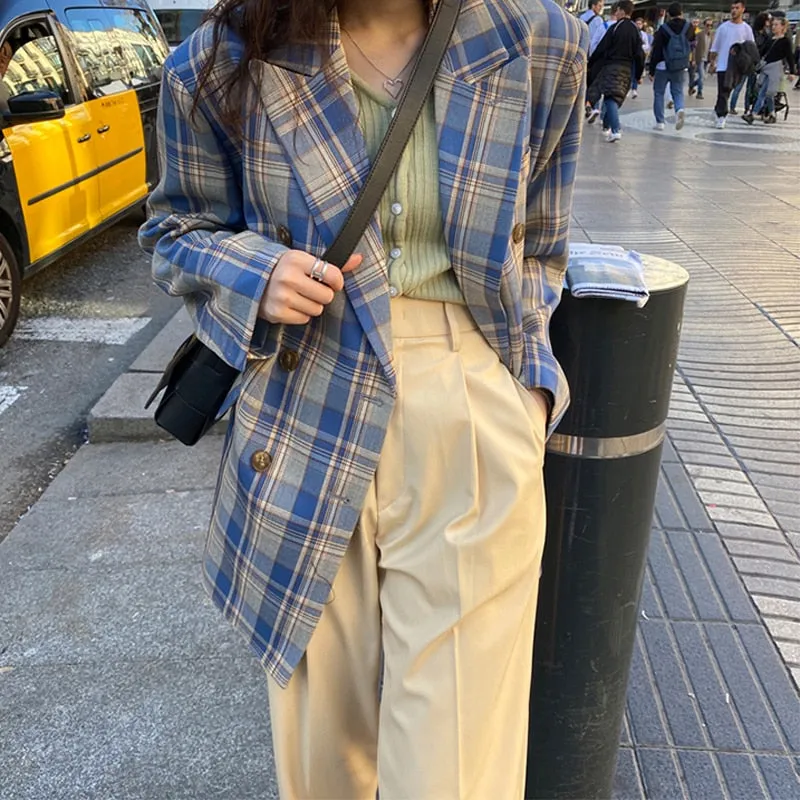 Women Vintage Loose Plaid Blazer Chic Long Sleeve Suit Jackets