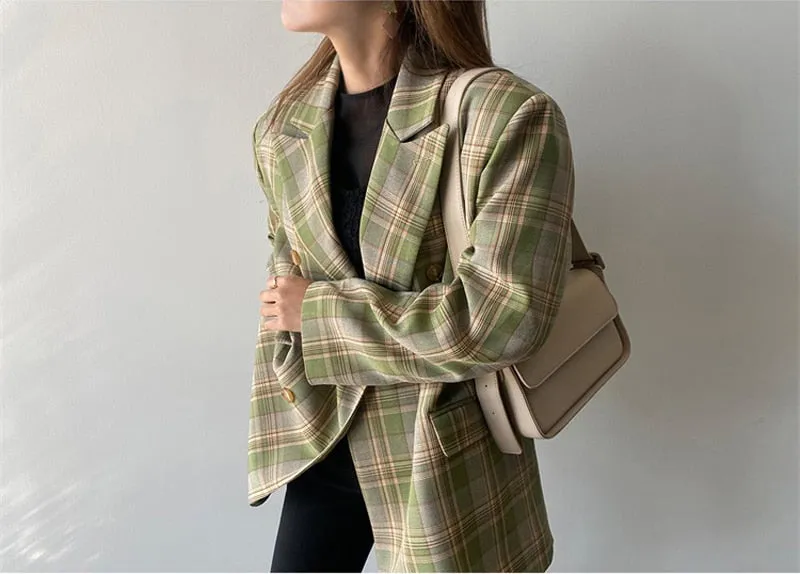 Women Vintage Loose Plaid Blazer Chic Long Sleeve Suit Jackets