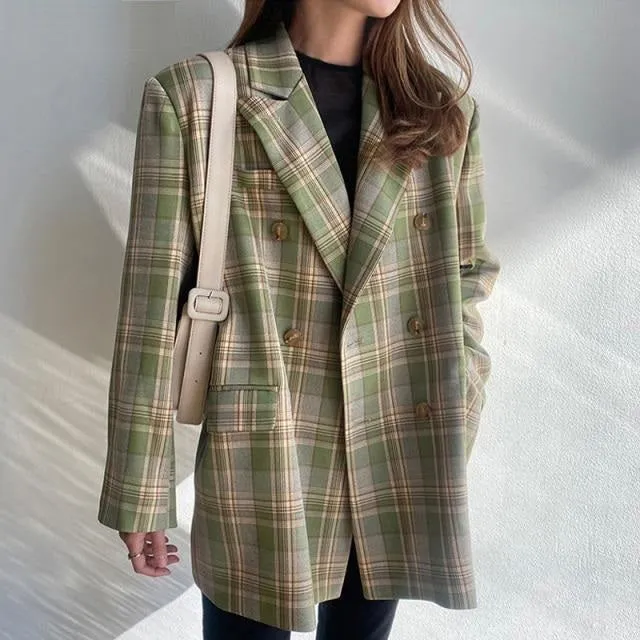 Women Vintage Loose Plaid Blazer Chic Long Sleeve Suit Jackets