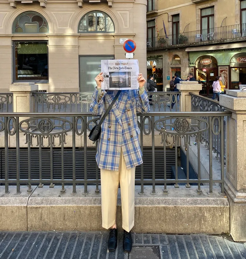 Women Vintage Loose Plaid Blazer Chic Long Sleeve Suit Jackets