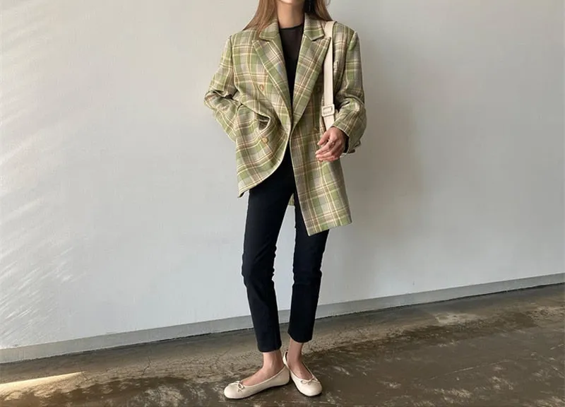 Women Vintage Loose Plaid Blazer Chic Long Sleeve Suit Jackets