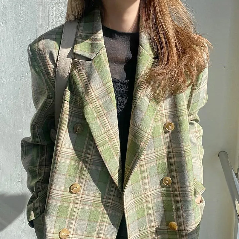 Women Vintage Loose Plaid Blazer Chic Long Sleeve Suit Jackets