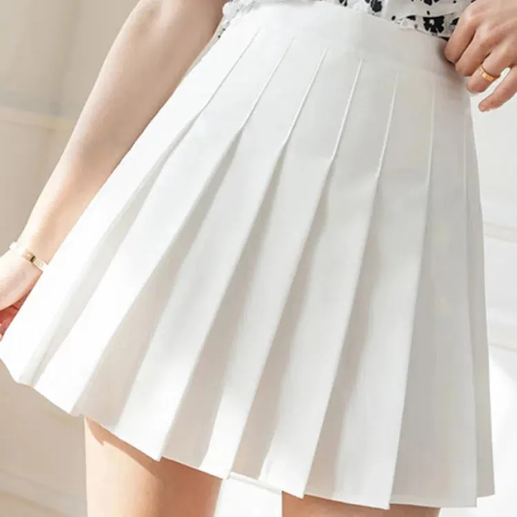 ZOKI White Women Pleated Skirts Summer High Waist A-Line